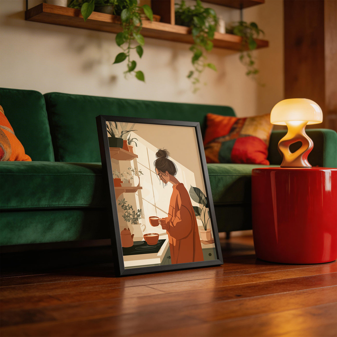 Cosy Kitchen Morning framed on a wall