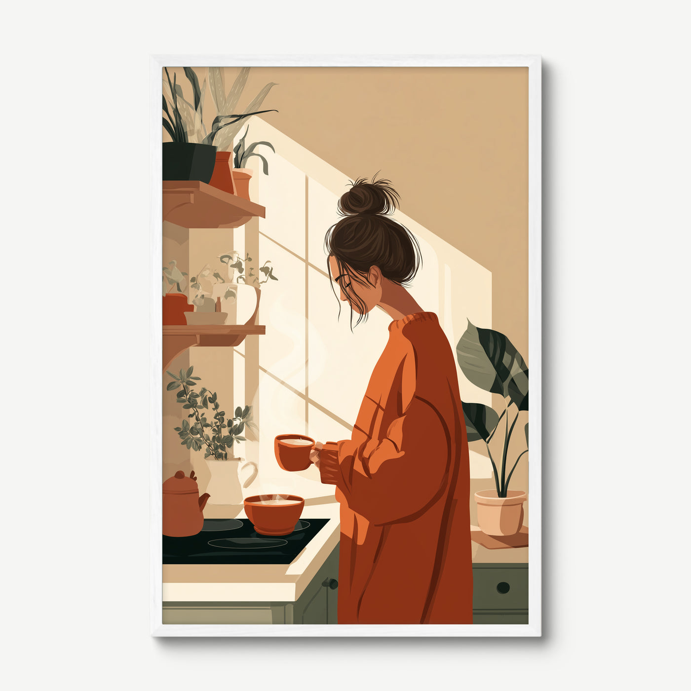 Cosy Kitchen Morning art print in a white frame