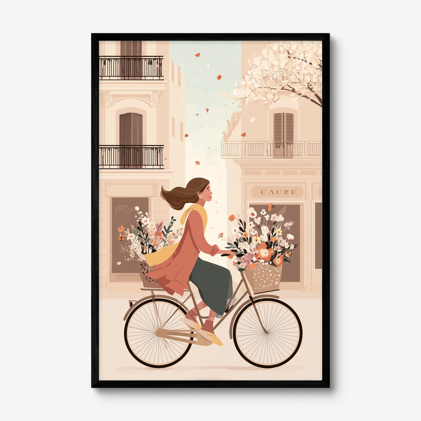 Cycling Through Petals art print in a black frame