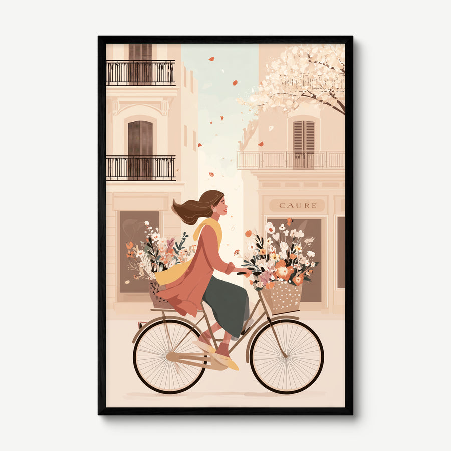 Cycling Through Petals art print in a black frame