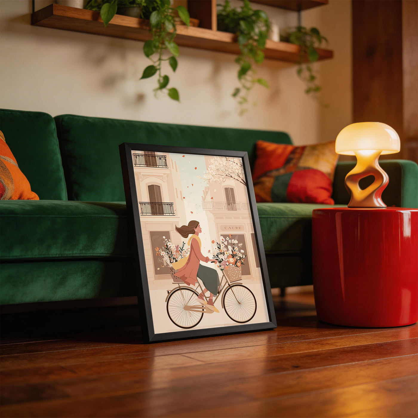 Cycling Through Petals framed on a wall