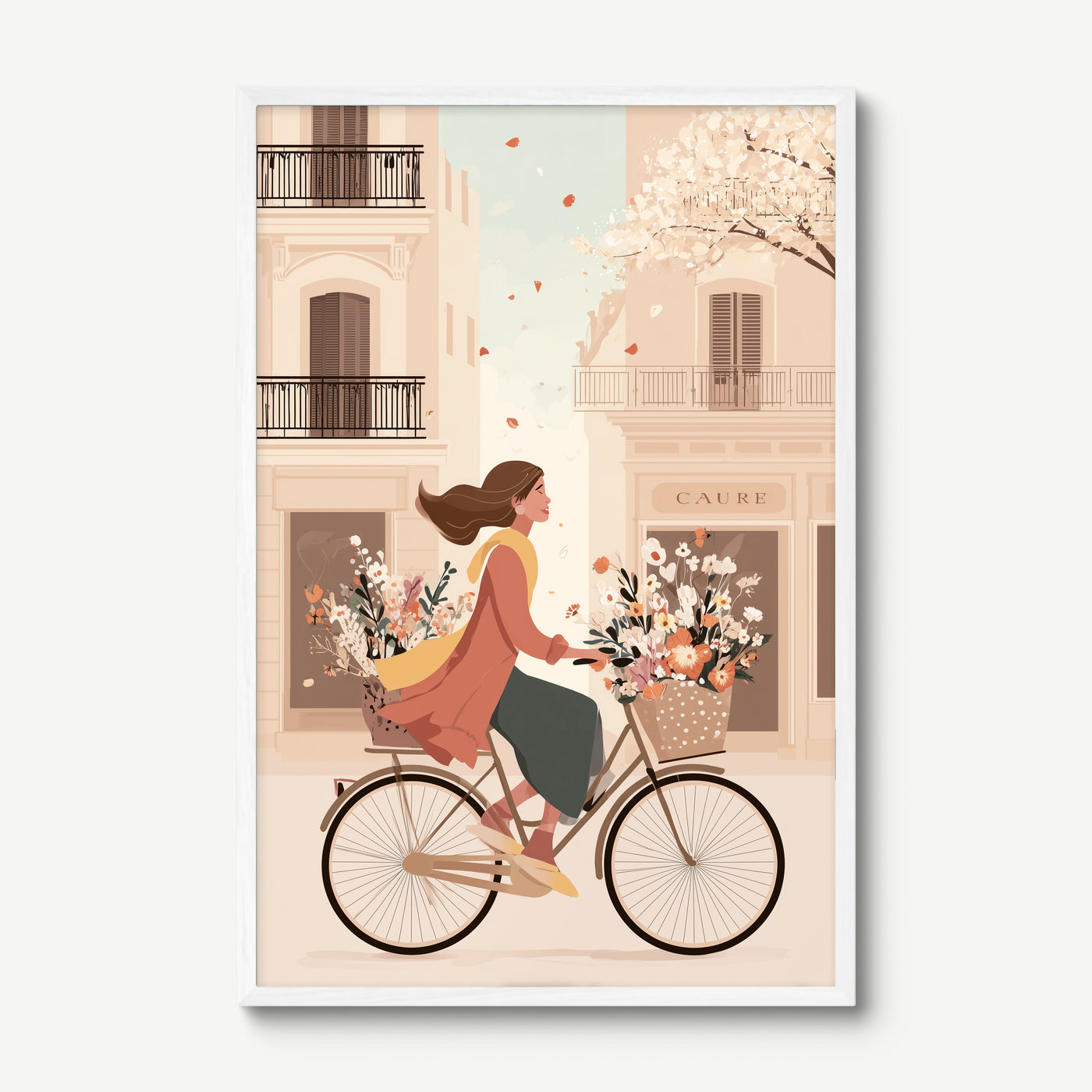Cycling Through Petals art print in a white frame