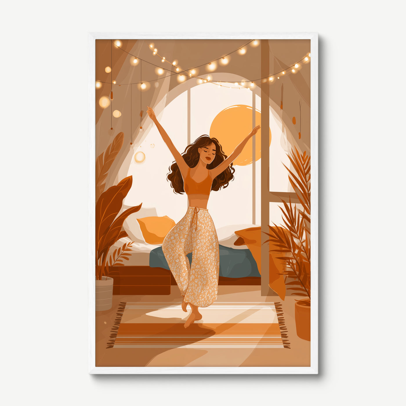 Dancing in the Morning art print in a white frame