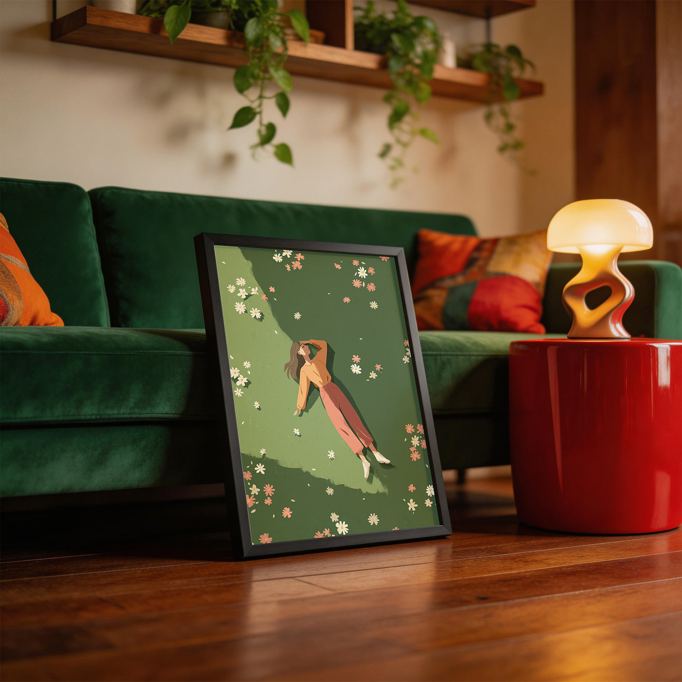 Daydream in Daisies framed on a wall