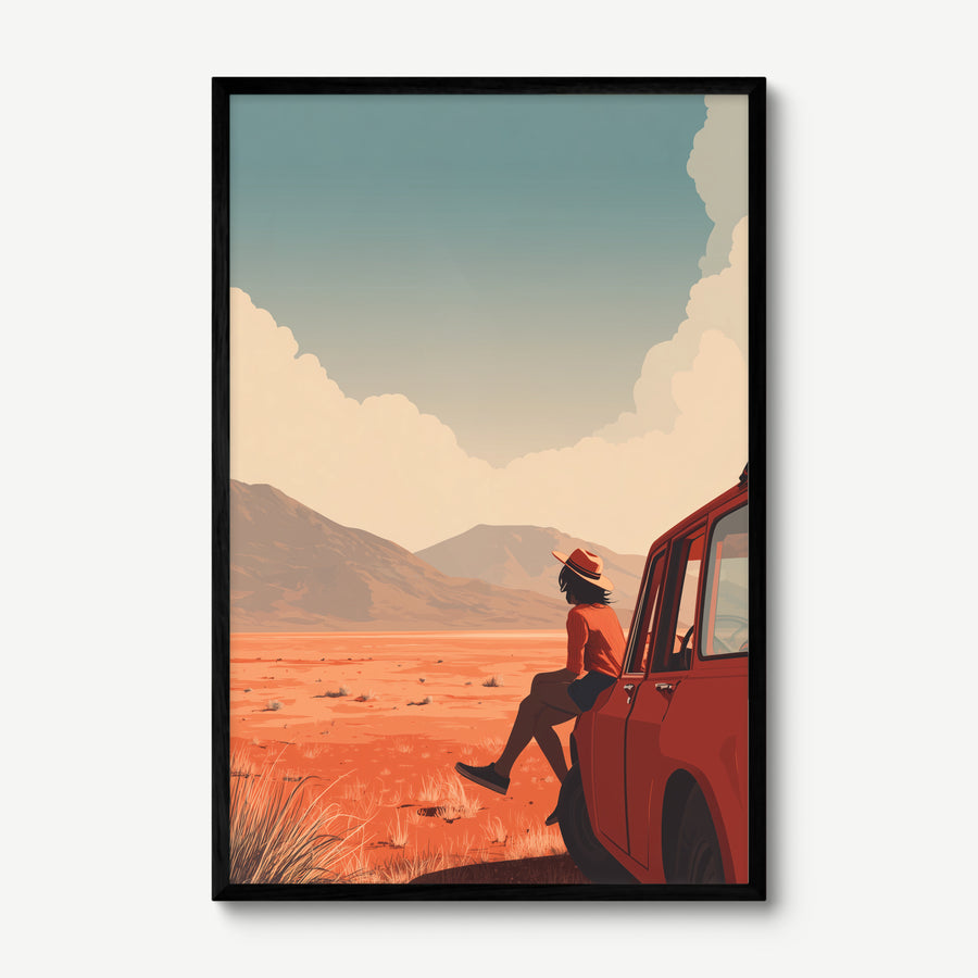 Desert Road Stop art print in a black frame