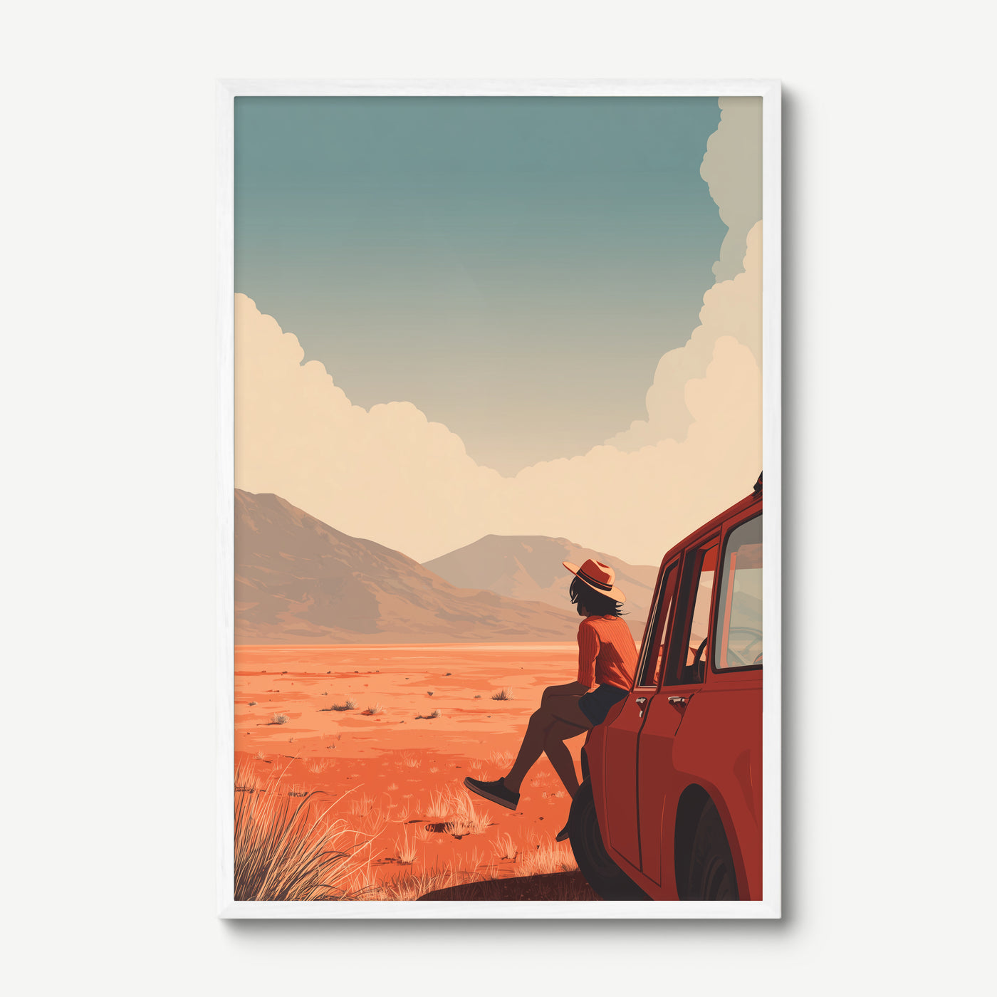 Desert Road Stop art print in a white frame