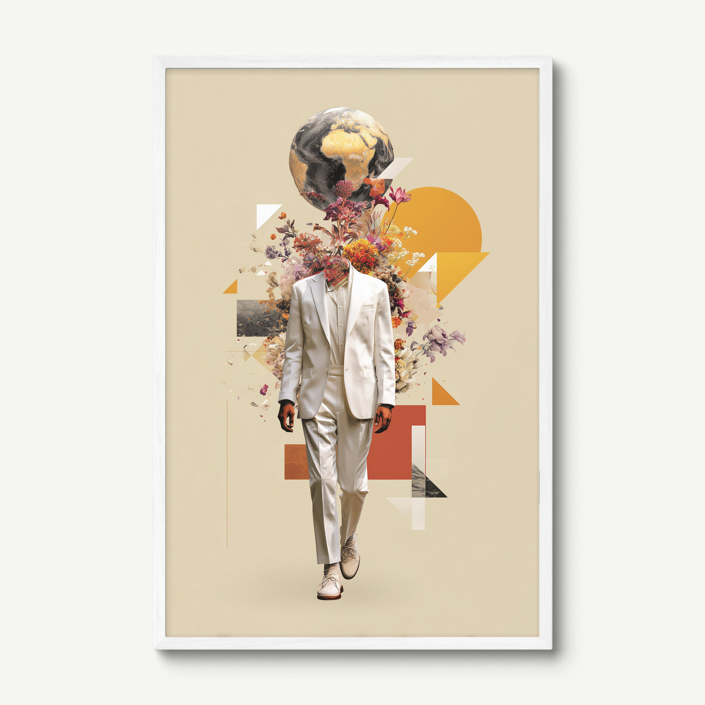 Earth and Bloom art print in a white frame