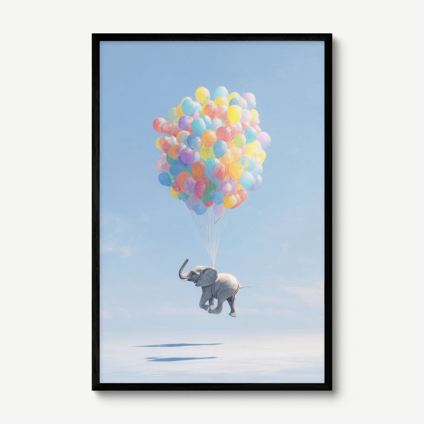 Elephant and Balloons art print in a black frame