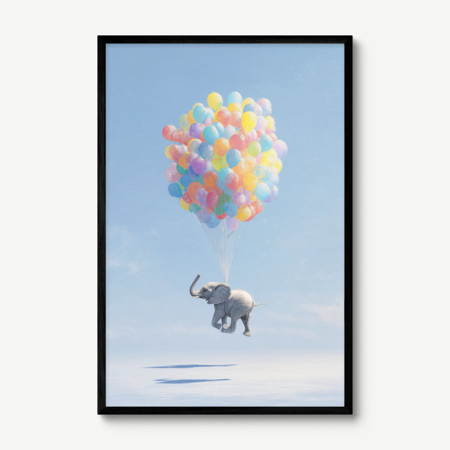 Elephant and Balloons art print in a black frame