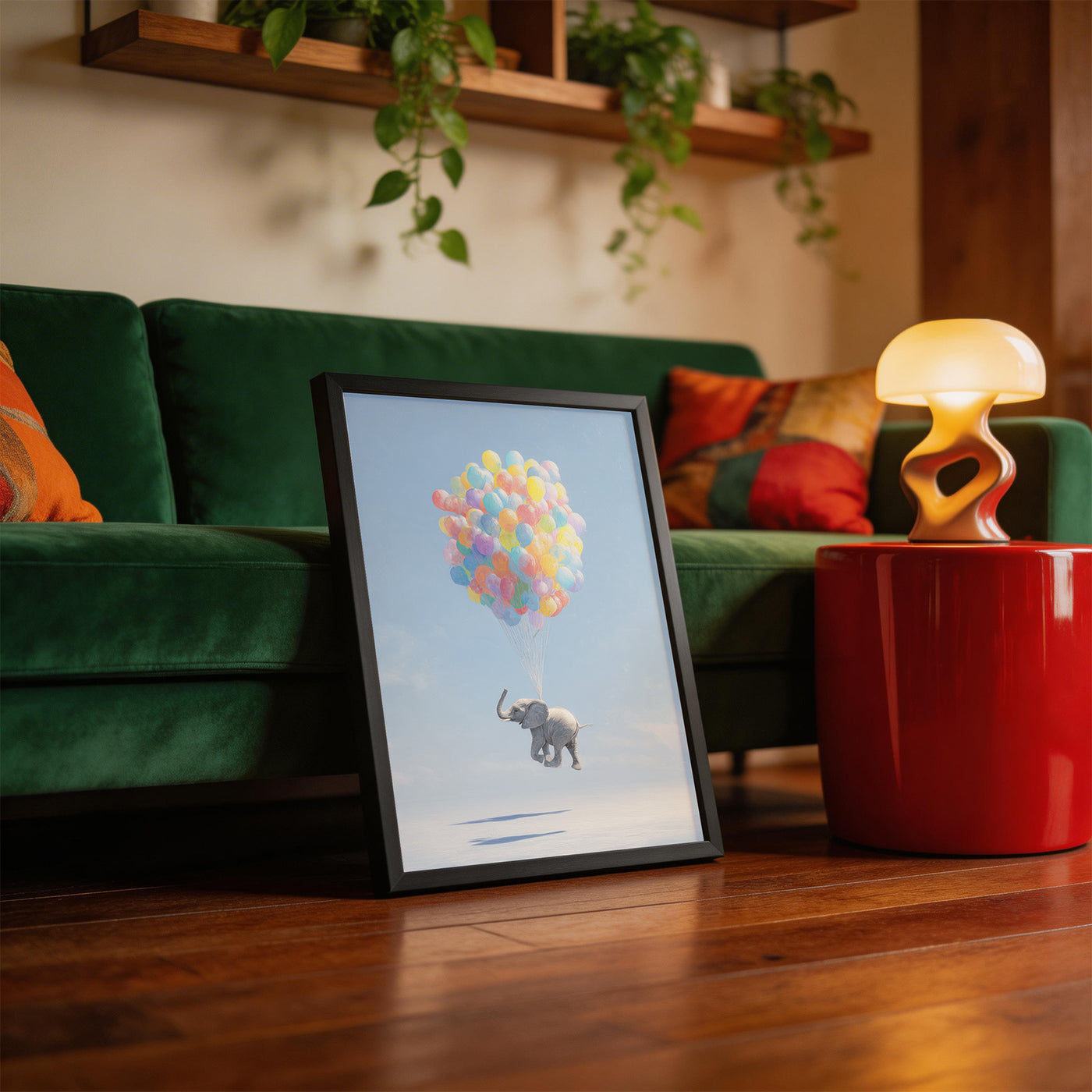 Elephant and Balloons framed on a wall