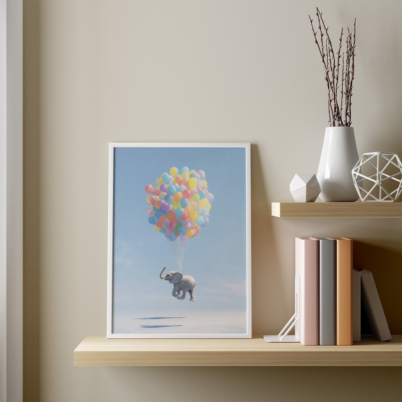 Elephant and Balloons framed in a room