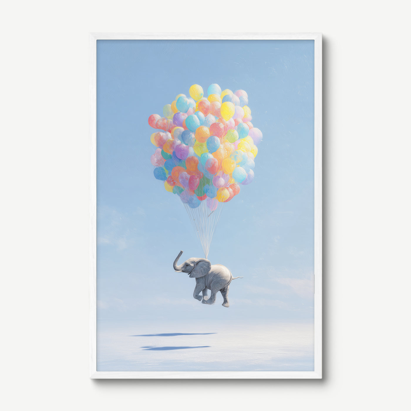 Elephant and Balloons art print in a white frame