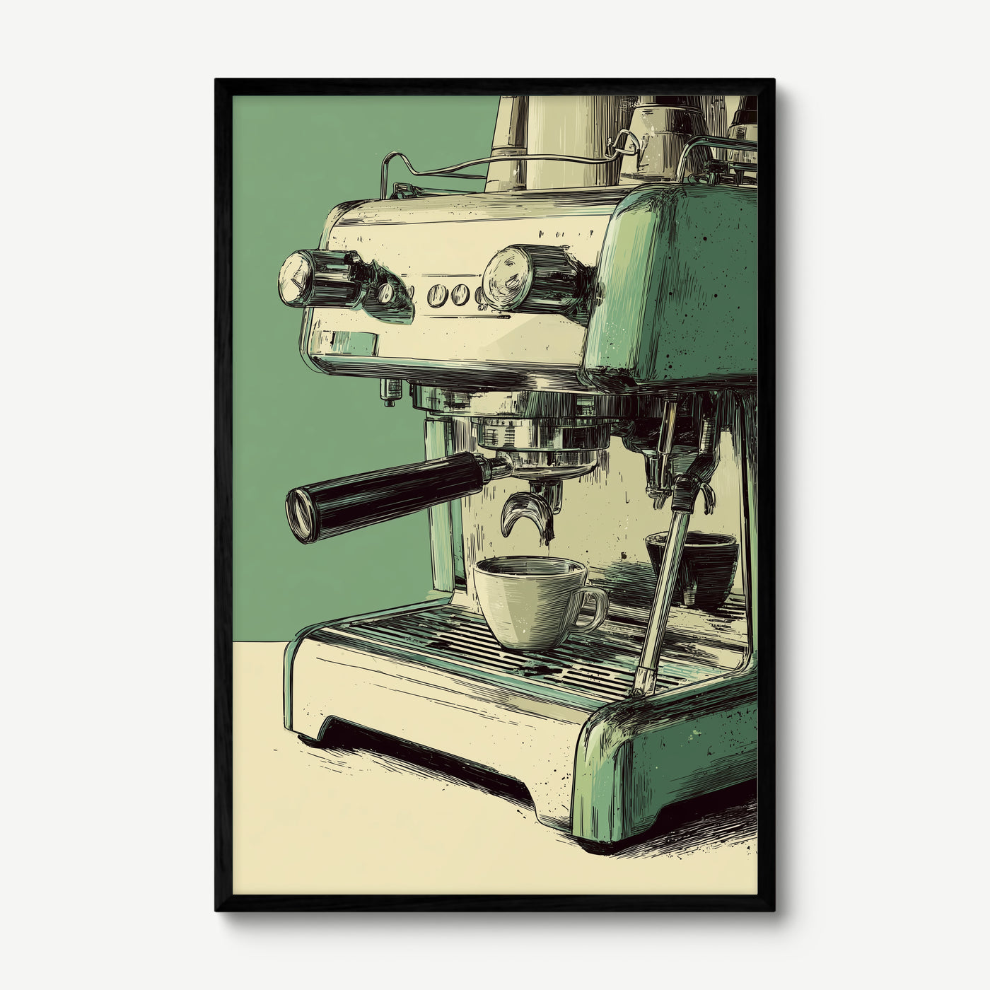 Espresso Machine art print in a black frame