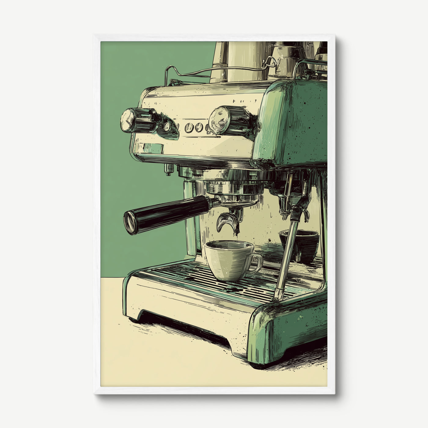 Espresso Machine art print in a white frame