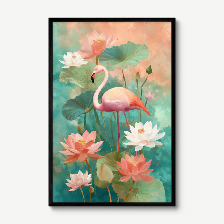 Flamingo in Lotus Garden art print in a black frame