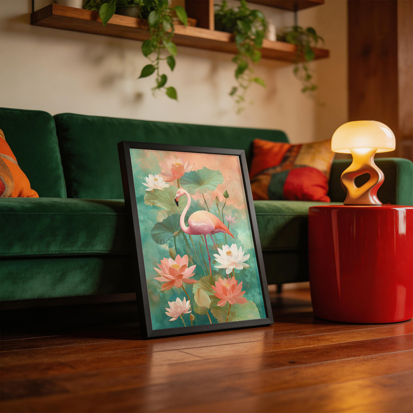 Flamingo in Lotus Garden framed on a wall