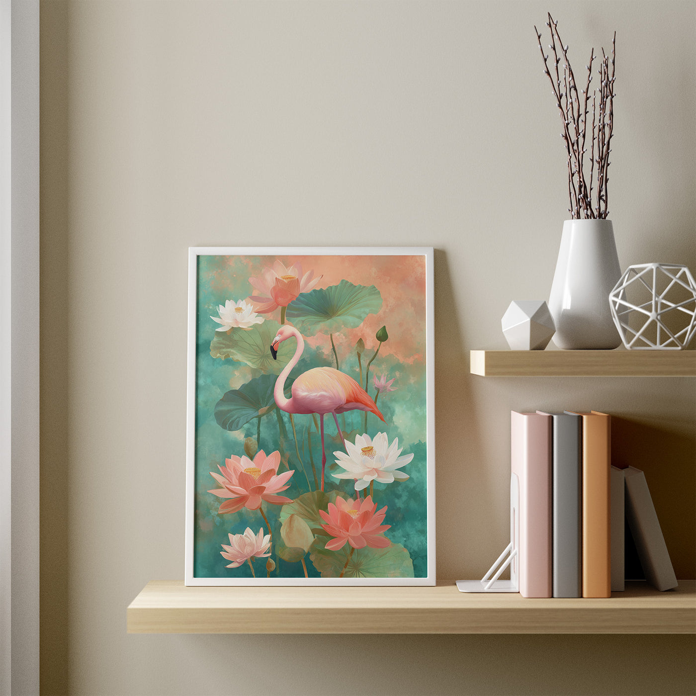 Flamingo in Lotus Garden framed in a room