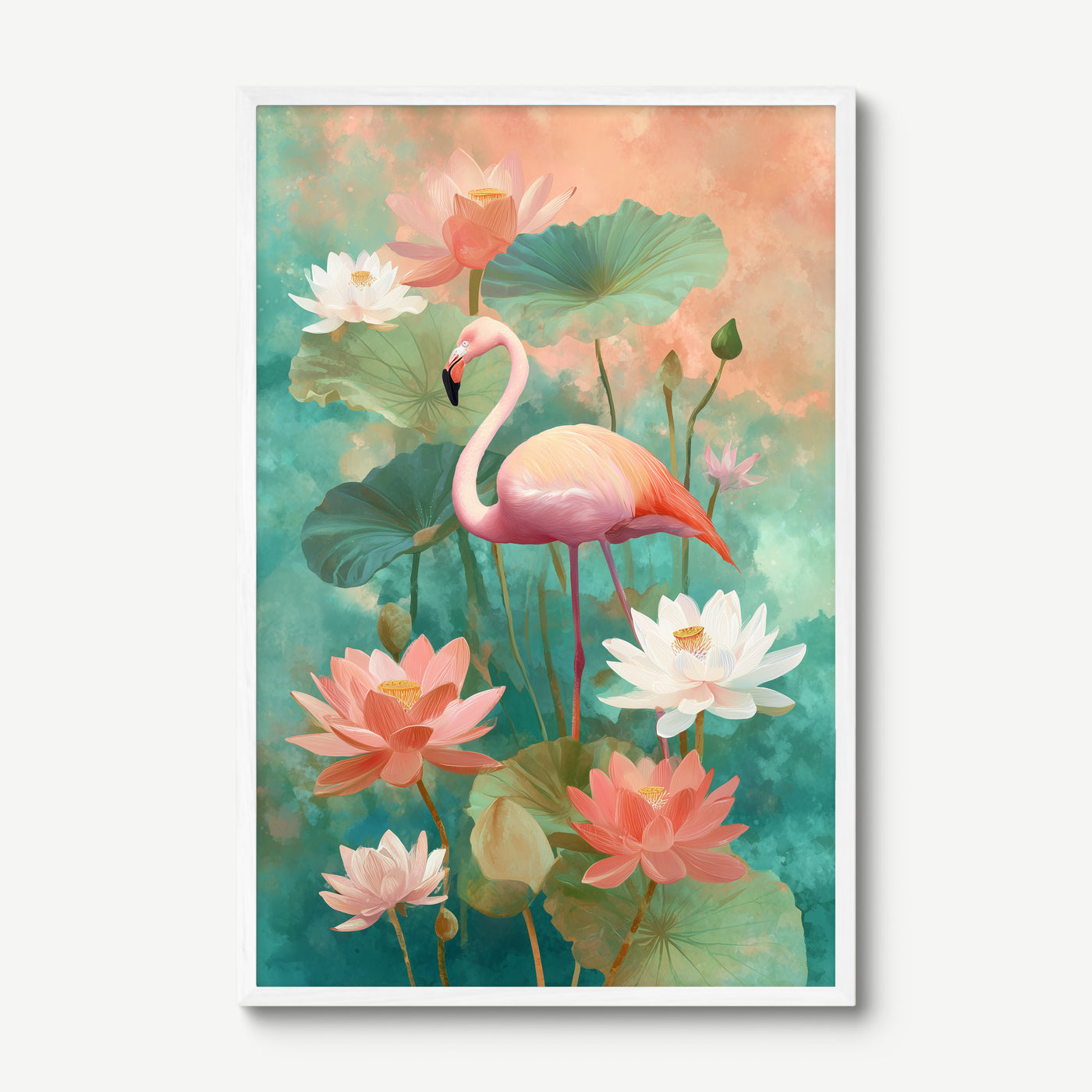 Flamingo in Lotus Garden art print in a white frame