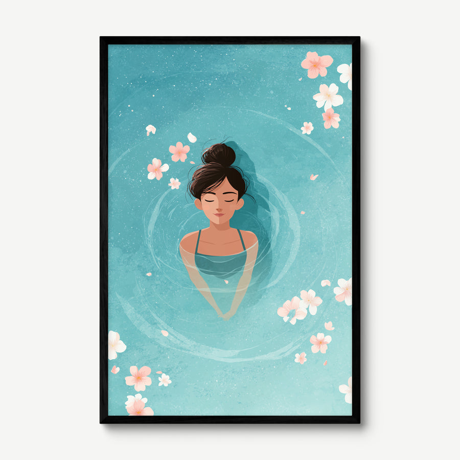 Floating in Blossom art print in a black frame