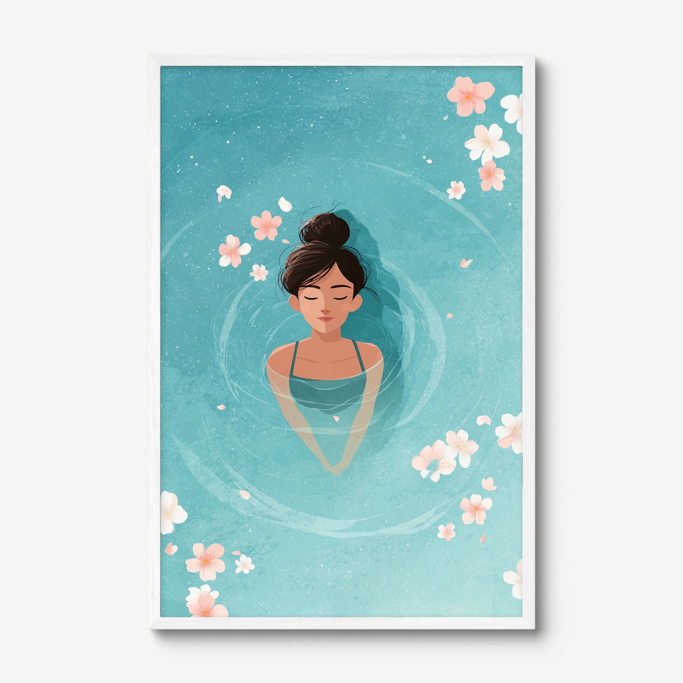 Floating in Blossom art print in a white frame