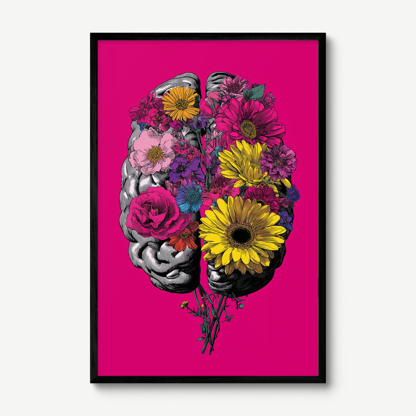 Floral Brain art print in a black frame