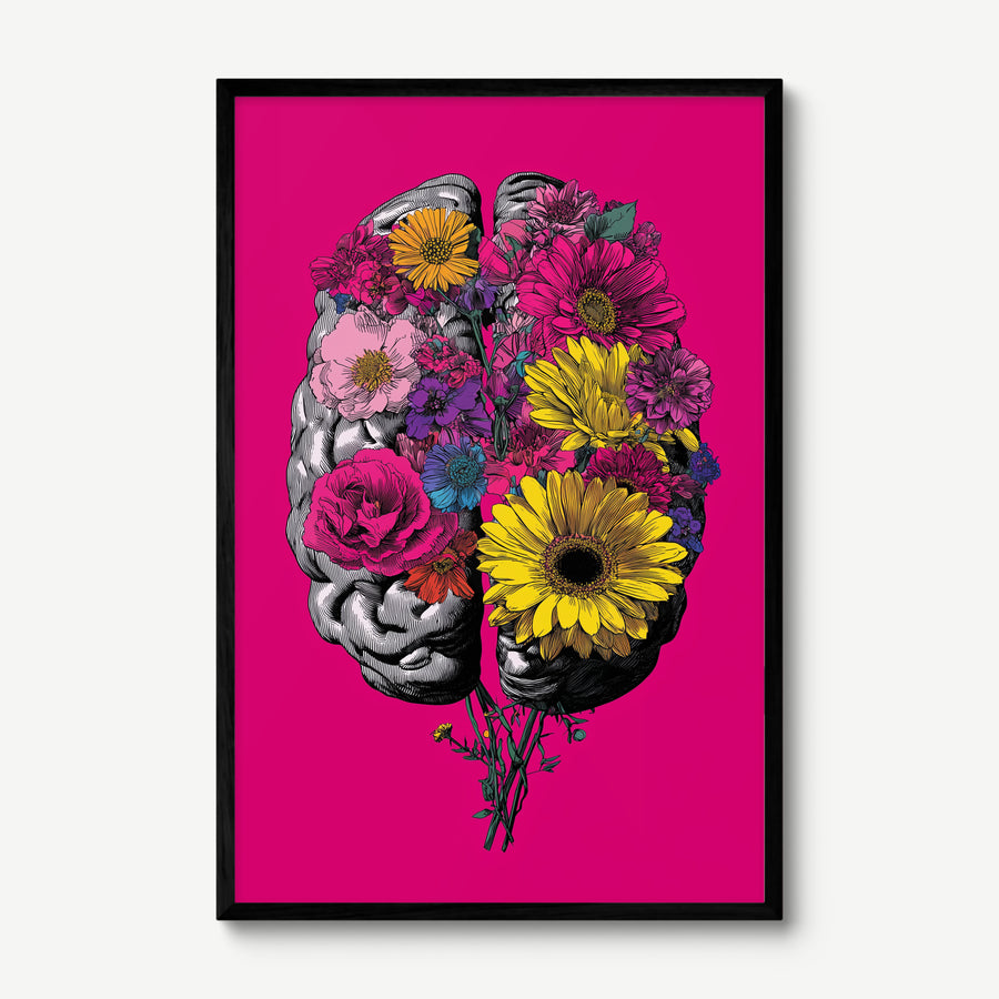 Floral Brain art print in a black frame