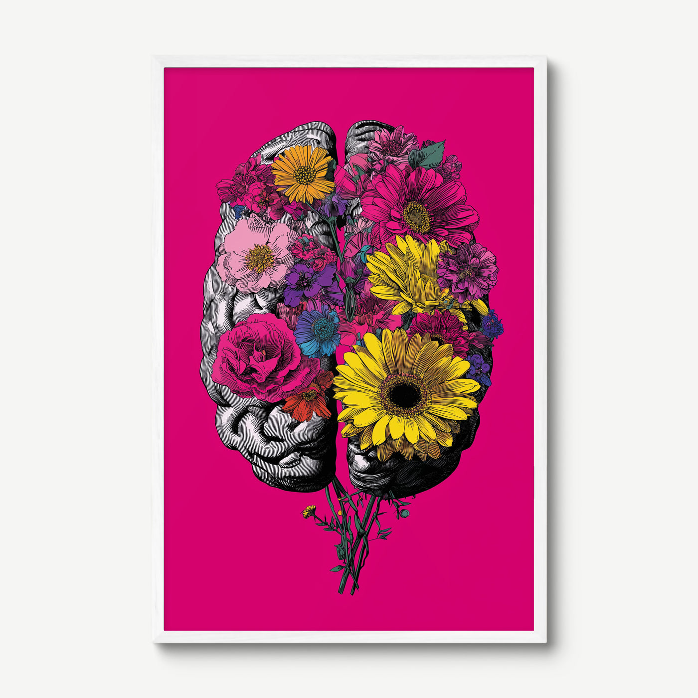 Floral Brain art print in a white frame