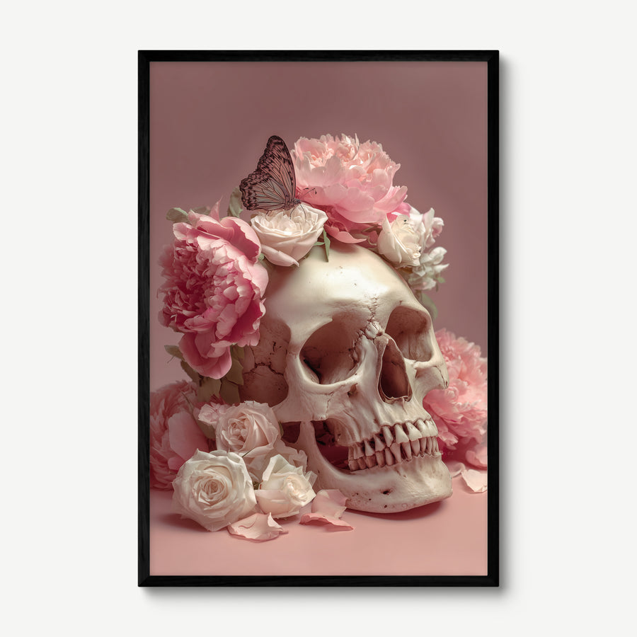 Floral Skull art print in a black frame