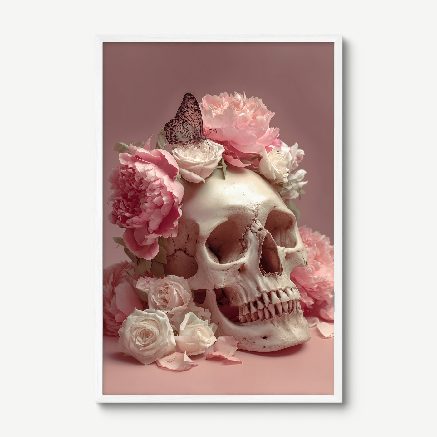 Floral Skull art print in a white frame
