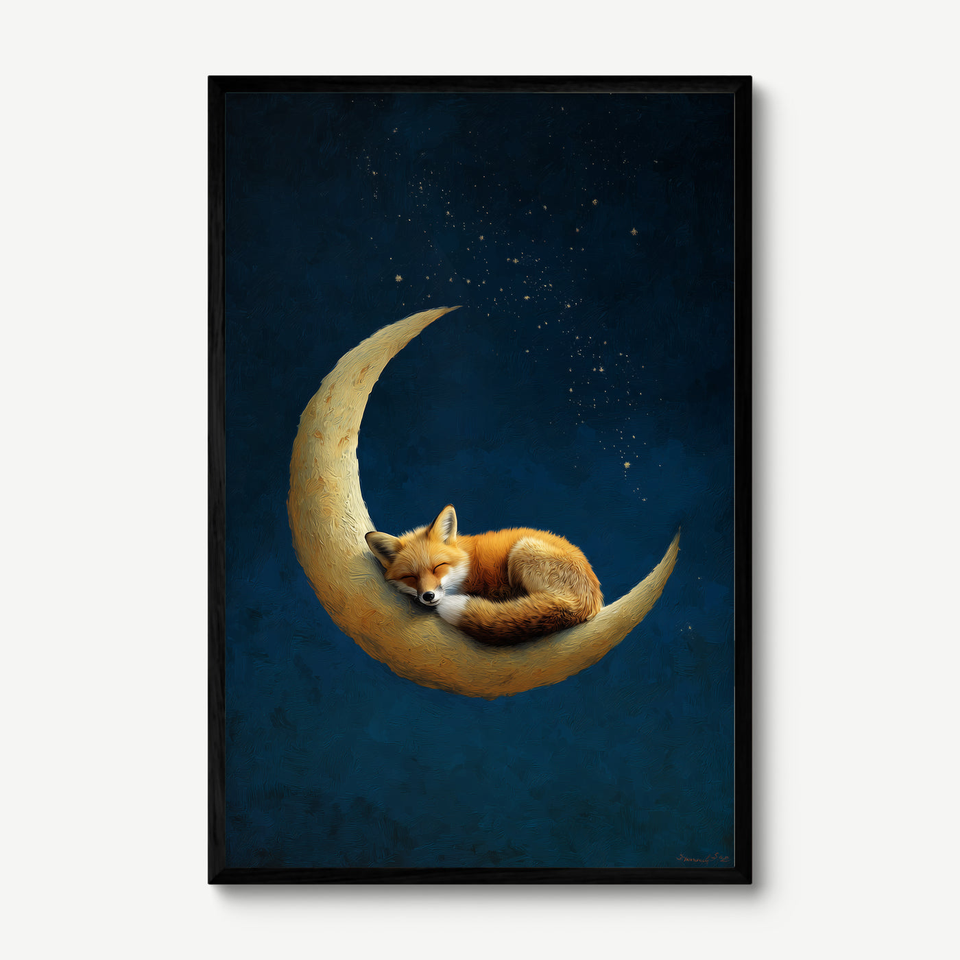 Fox on Crescent Moon art print in a black frame
