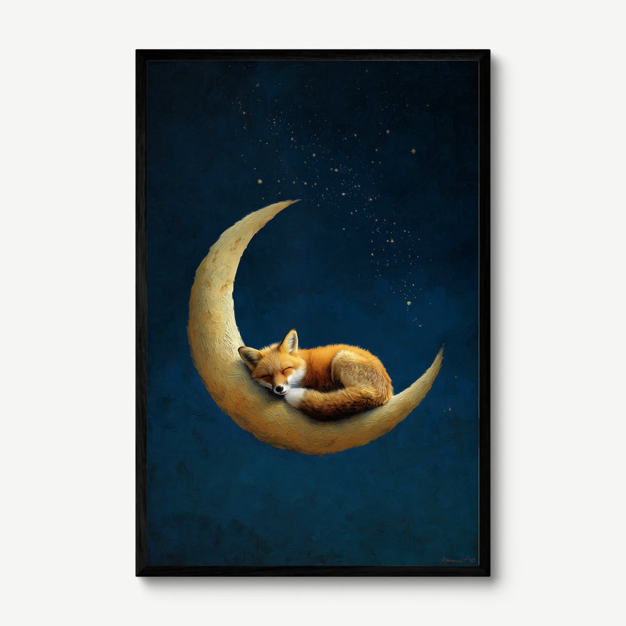 Fox on Crescent Moon art print in a black frame