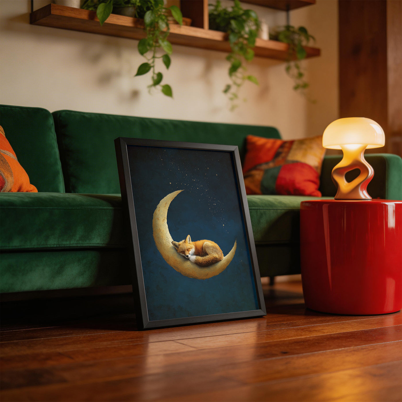 Fox on Crescent Moon framed on a wall