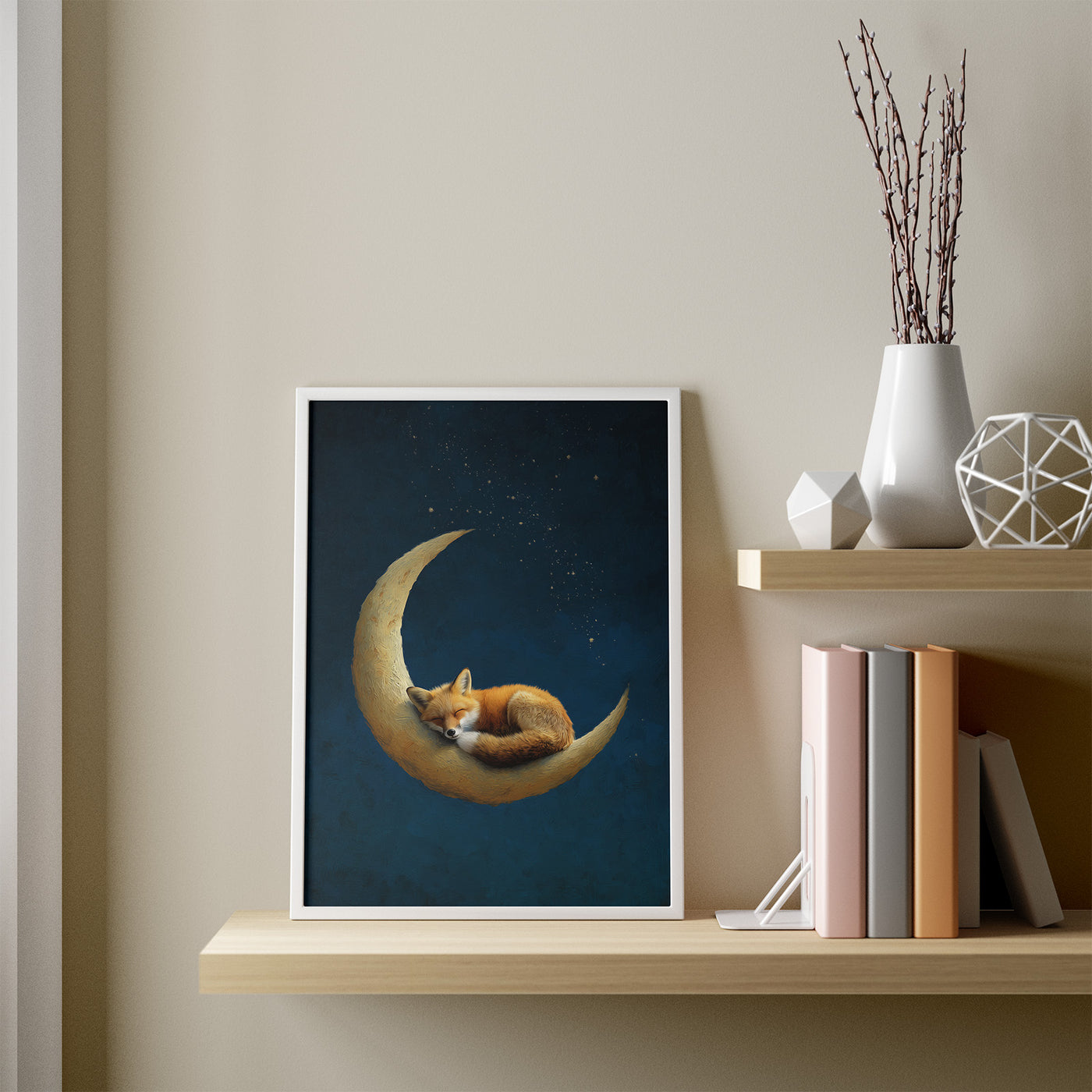 Fox on Crescent Moon framed in a room