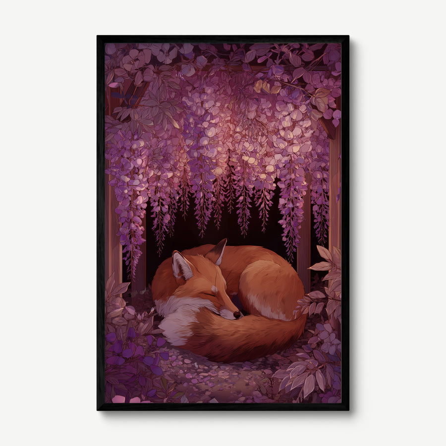 Fox Under Wisteria art print in a black frame