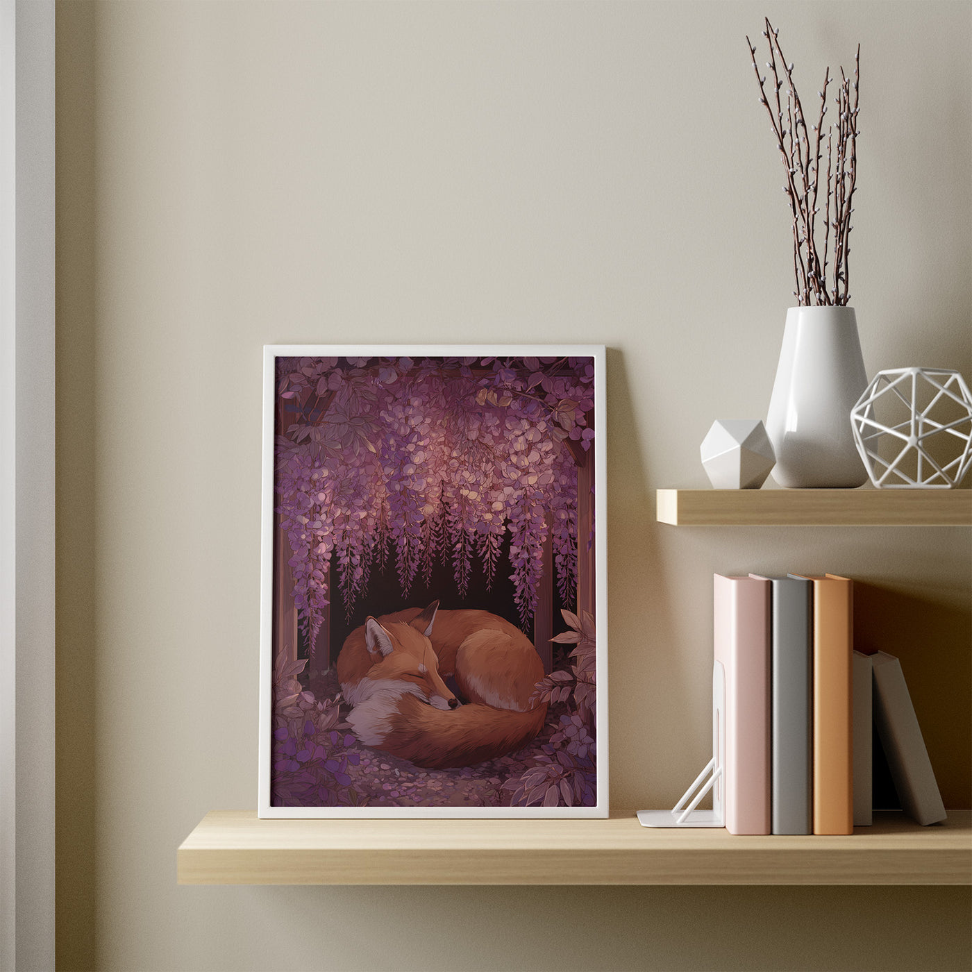 Fox Under Wisteria framed in a room