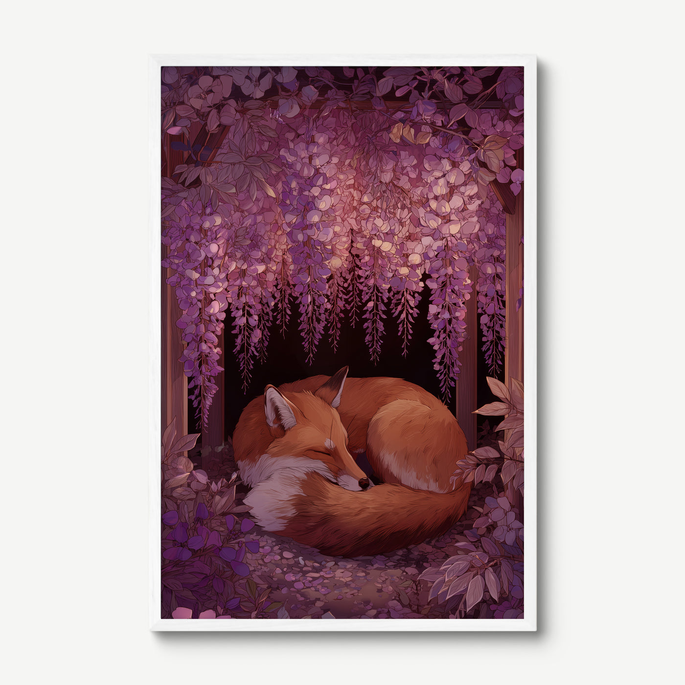 Fox Under Wisteria art print in a white frame