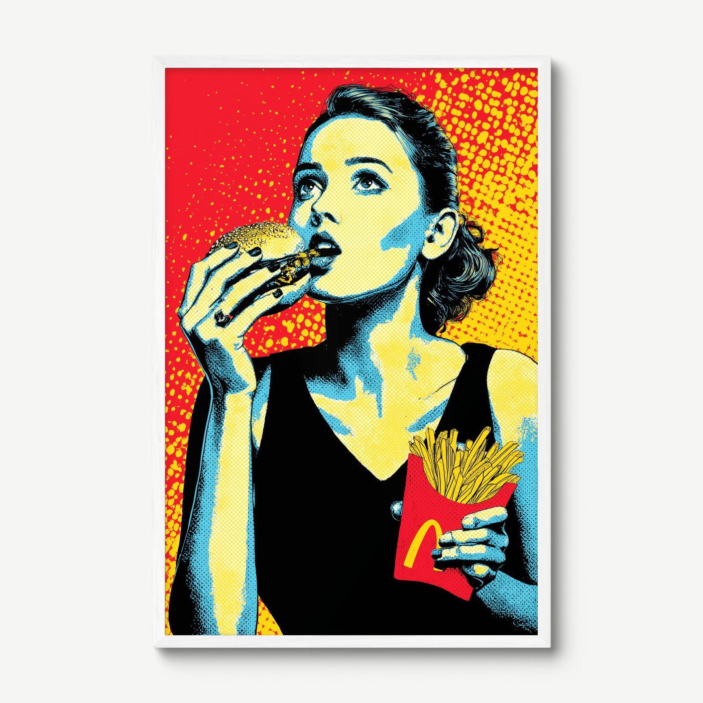 Fries First art print in a white frame