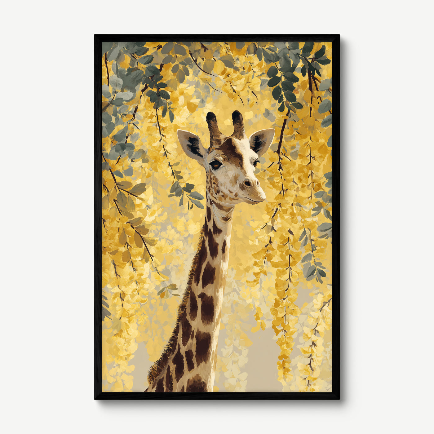 Giraffe in Golden Laburnum art print in a black frame
