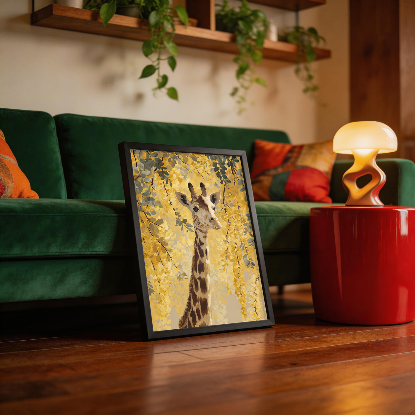 Giraffe in Golden Laburnum framed on a wall