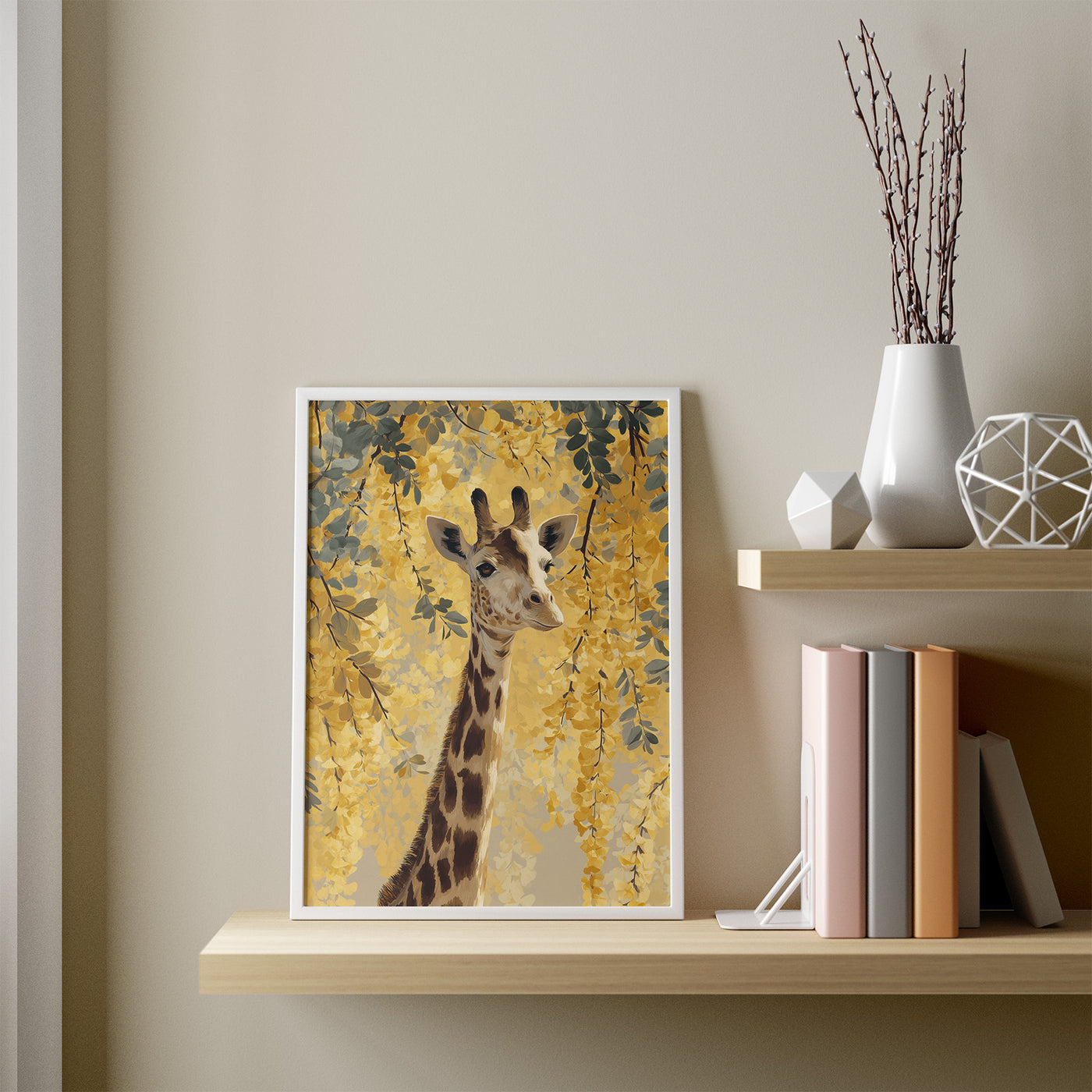 Giraffe in Golden Laburnum framed in a room