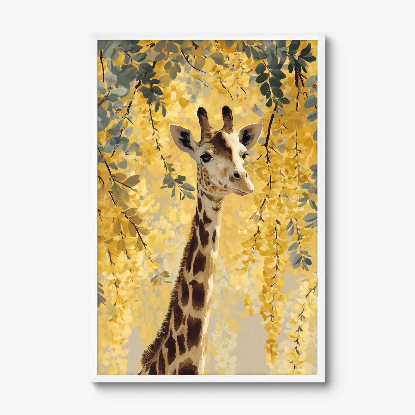 Giraffe in Golden Laburnum art print in a white frame