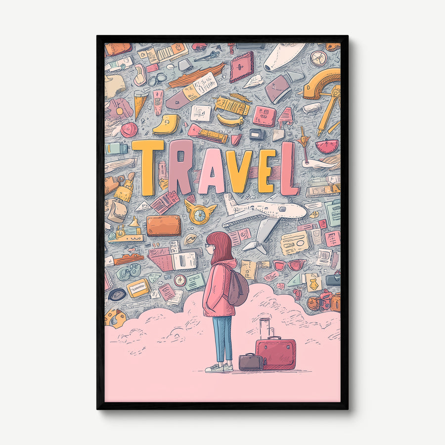 Girl Faces Travel art print in a black frame