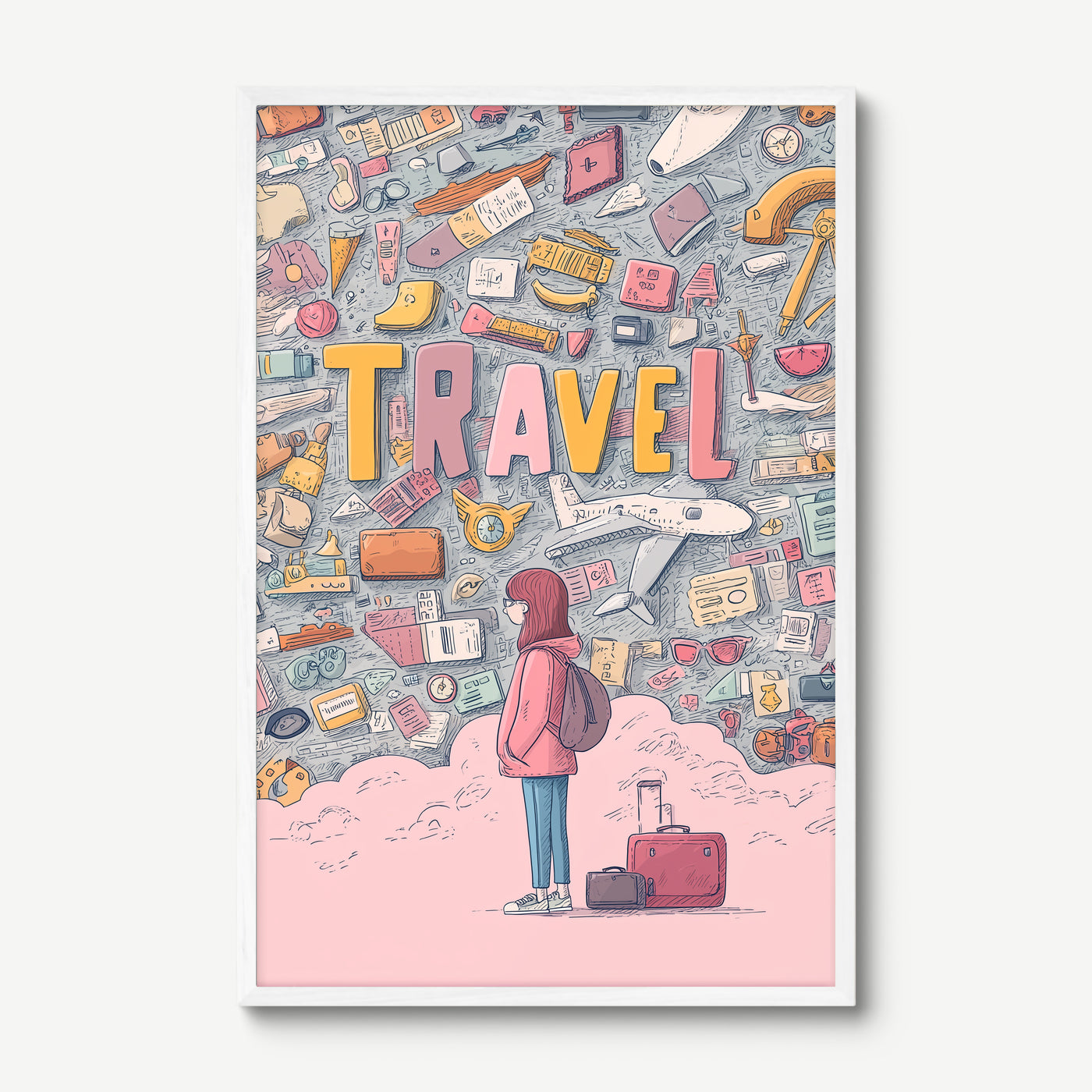 Girl Faces Travel art print in a white frame
