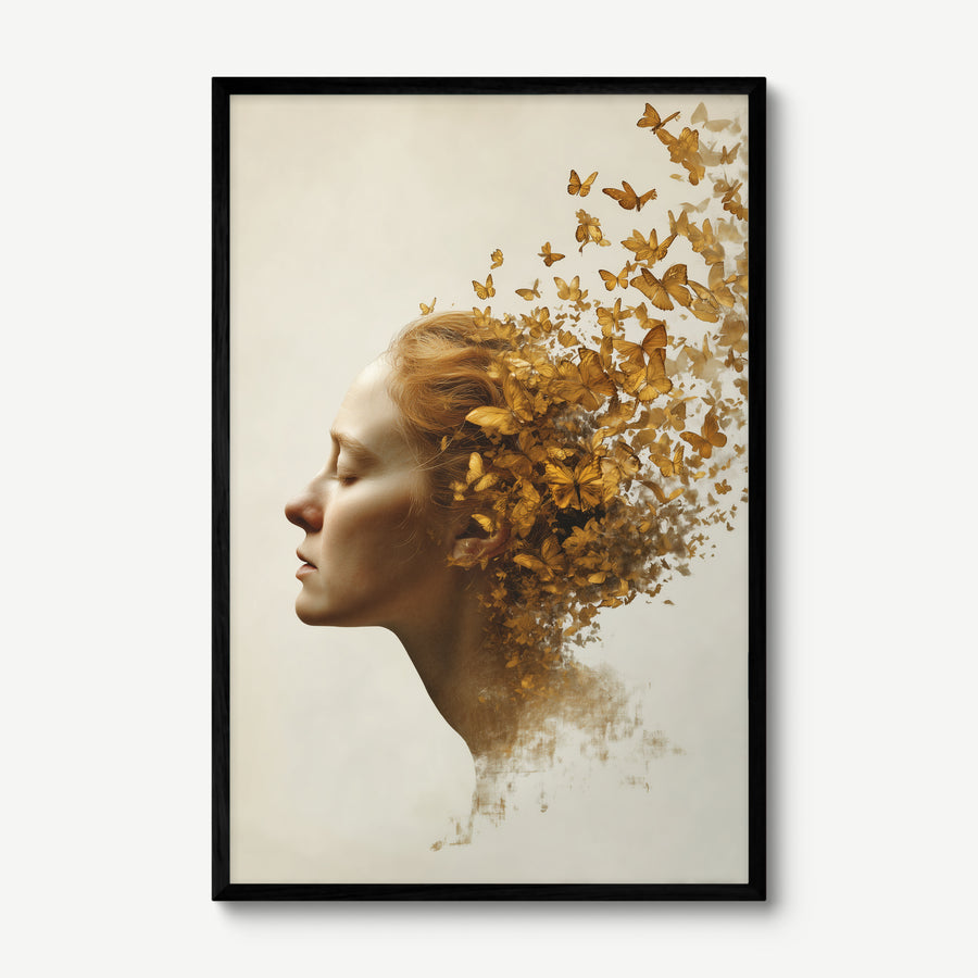 Golden Butterfly Dissolve art print in a black frame