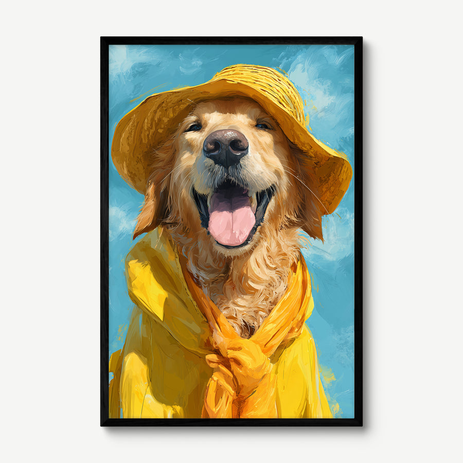 Golden Retriever in Yellow art print in a black frame