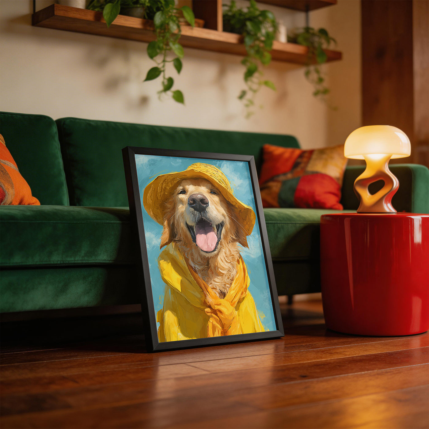 Golden Retriever in Yellow framed on a wall