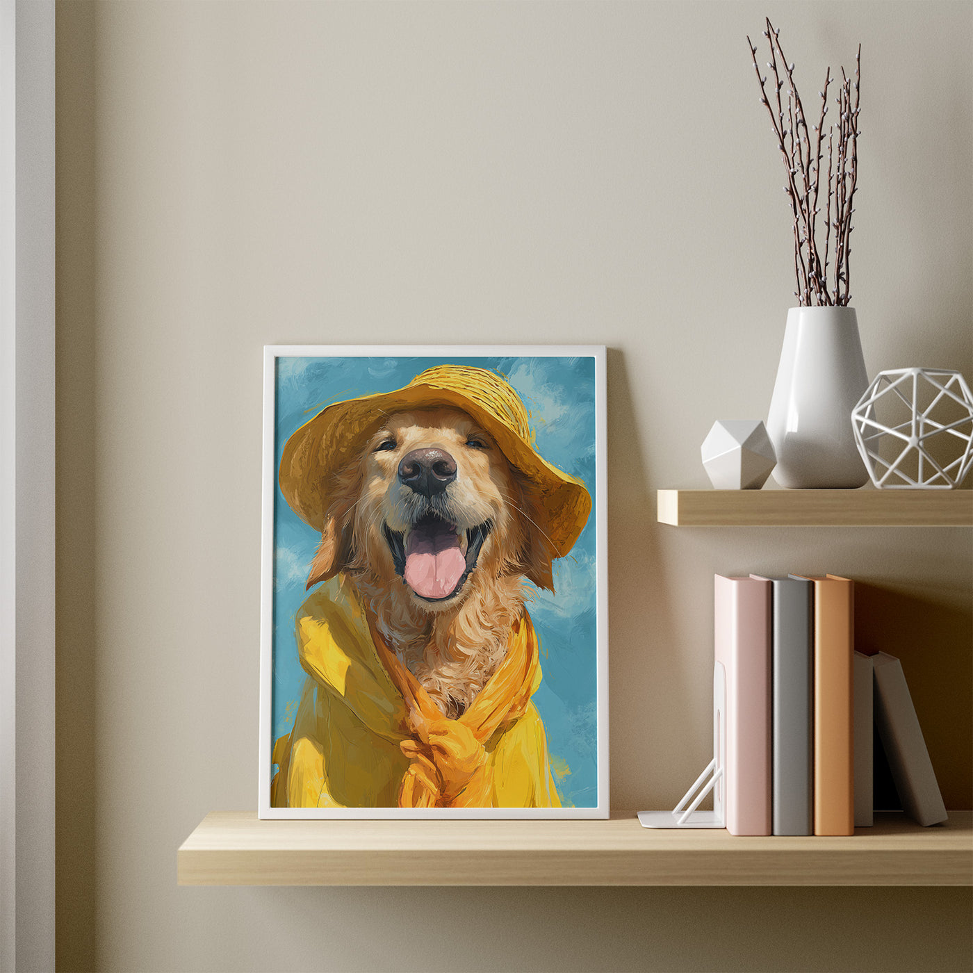 Golden Retriever in Yellow framed in a room