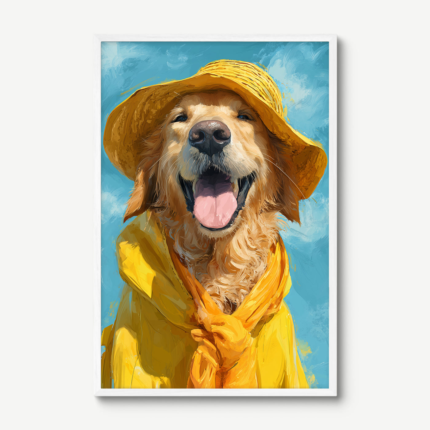 Golden Retriever in Yellow art print in a white frame