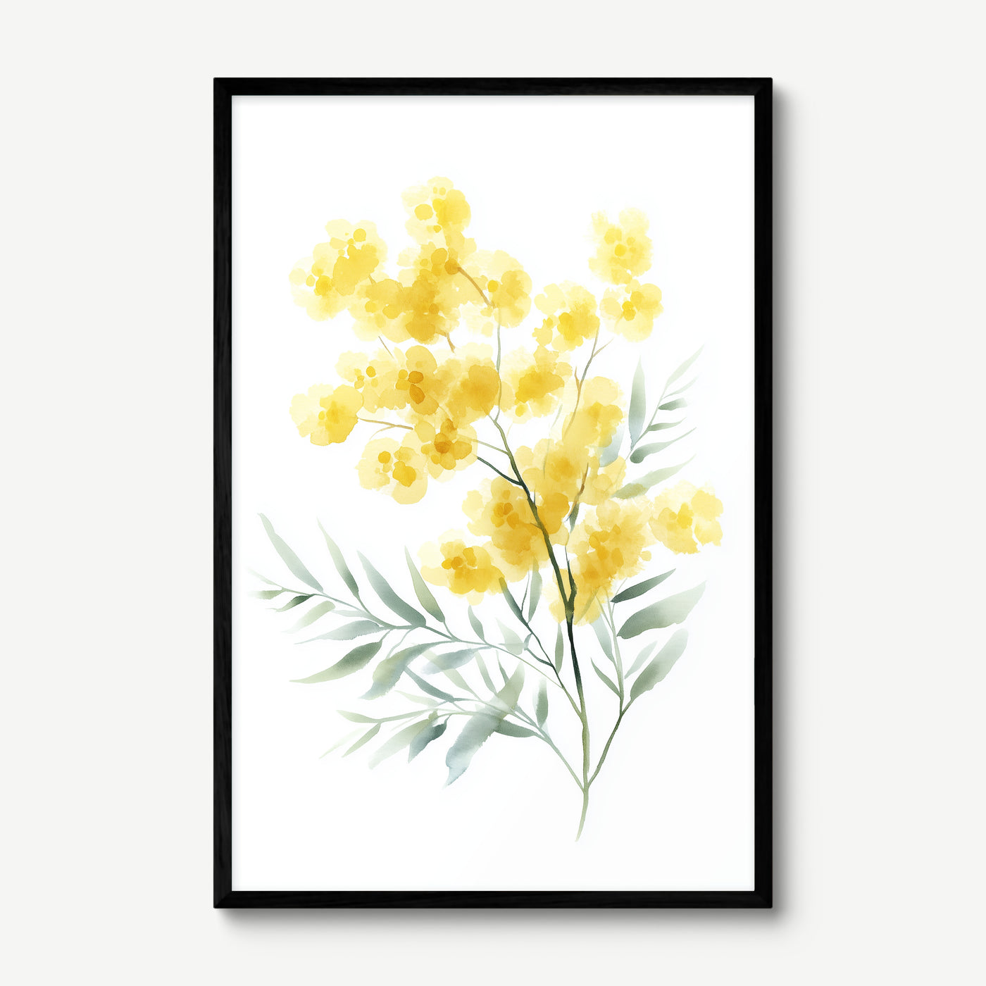 Golden Wattle Branch art print in a black frame
