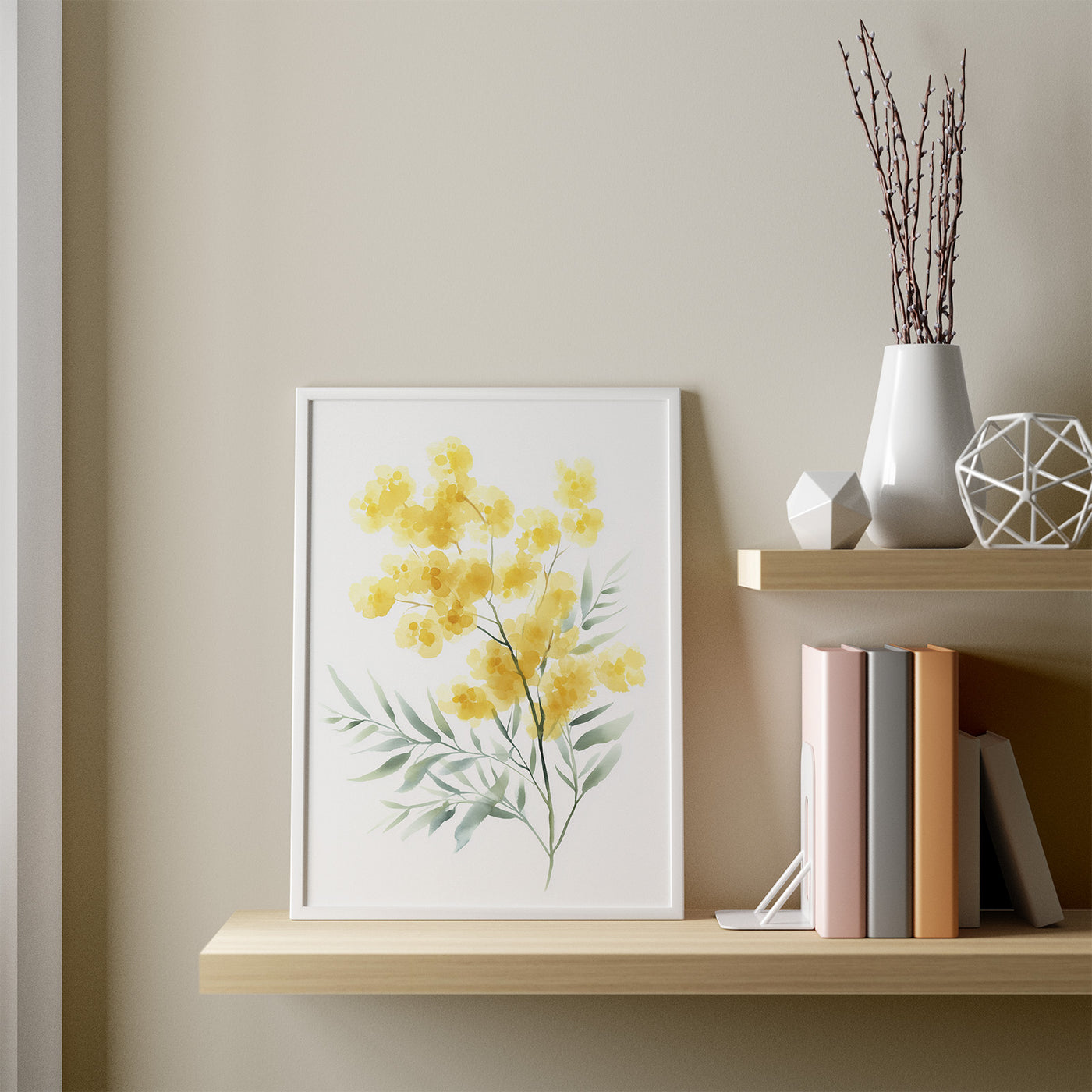 Golden Wattle Branch framed in a room